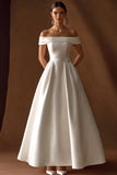 Maxi Simple Ivory Satin A Line Wedding Reception Dress with Belts