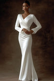 Ivory V-Neck Satin Long Sleeves Mermaid Maxi Wedding Reception Dress