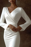 Ivory V-Neck Satin Long Sleeves Mermaid Maxi Wedding Reception Dress