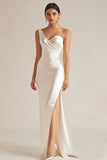 Satin Mermaid Ivory One Shoulder Maxi Wedding Reception Dress with Slit