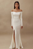 Satin Ivory Off the Shoulder Mermaid Maxi Wedding Reception Dress with Slit