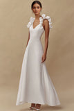 Ivory A Line V-Neck Satin Maxi Wedding Reception Dress with Ruffles