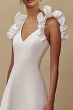 Ivory A Line V-Neck Satin Maxi Wedding Reception Dress with Ruffles