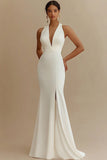 Ivory Mermaid Maxi V-Neck Sleeveless Rehearsal Dinner Dress with Slit