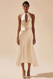 Simple Ivory Satin Keyhole Mermaid Midi Engagement Dress