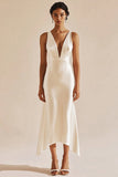 Ivory V-Neck Sleeveless Sheath Satin Midi Engagement Dress