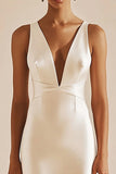 Ivory V-Neck Sleeveless Sheath Satin Midi Engagement Dress