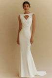 Ivory Boat Neck Satin Keyhole Mermaid Maxi Rehearsal Dinner Dress