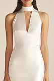 Ivory Satin High Neck Mermaid Keyhole Maxi Rehearsal Dinner Dress