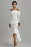 Ivory Off the Shoulder Satin Mermaid High-Low Engagement Dress with Sleeves