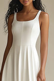 Simple Ivory Scoop Satin A Line Midi Engagement Dress