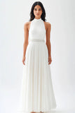 Ivory Chiffon Pleated High Neck A Line Maxi Engagement Dress
