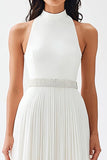 Ivory Chiffon Pleated High Neck A Line Maxi Engagement Dress