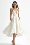 Chiffon Ivory Pleated A Line Midi Engagement Dress