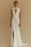 Maxi Ivory High Neck Keyhole Satin Rehearsal Dinner Dress with Slit