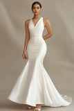 Mermaid Ivory V-Neck Satin Sweep Train Rehearsal Dinner Dress