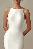 Ivory Mermaid Boat Neck Sleeveless Satin Maxi Rehearsal Dinner Dress