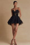 Black Tulle A Line Spaghetti Straps Mini Cocktail Dress with Applique