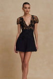 Black Tulle A Line V-Neck Short Cocktail Dress with Lace Embroidery
