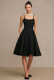 Simple Midi Black A Line Spaghetti Straps Satin Cocktail Dress