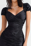 Black Bodycon Ruched Mini Cocktail Dress with Sleeves