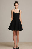Simple Black A Line Satin Spaghetti Straps Little Black Dress