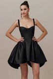 Mini Satin Black A Line Spaghetti Straps Cocktail Dress