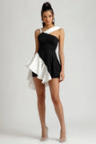 Black and White Tight Short Cocktail Dress with Ruffles