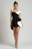 Short A Line Black and White Patchwork Cocktail Dress with Ruffles
