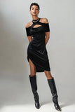 Black Satin Cold Shoulder Bodycon Keyhole Short Cocktail Dress