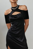 Black Satin Cold Shoulder Bodycon Keyhole Short Cocktail Dress