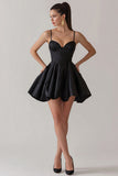 Black Satin A Line Spaghetti Straps Short Cute Cocktail Dress