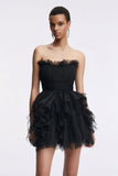 Short Tulle Strapless Tight Little Black Dress with Ruffles