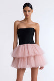 A Line Black and Pink Strapless Tiered Tulle Short Cocktail Dress