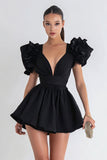 Cute Black V Neck A Line Short Cocktail Dress with Ruffles