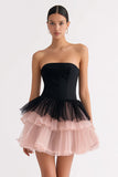 Short Black and Pink Tiered Tulle A Line Strapless Cocktail Dress