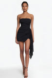 Simple Bodycon Strapless Ruched Little Black Dress with Ruffles