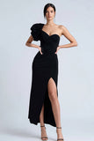 Sheath Simple One Shoulder Maxi Black Tie Dress with Slit