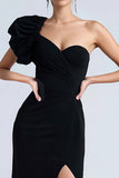 Sheath Simple One Shoulder Maxi Black Tie Dress with Slit
