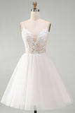 White Spaghetti Straps A Line Short Wedding Dress with Lace