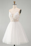 White Spaghetti Straps A Line Short Wedding Dress with Lace