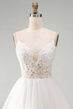 White Spaghetti Straps A Line Short Wedding Dress with Lace