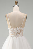 White Spaghetti Straps A Line Short Wedding Dress with Lace