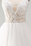 White Spaghetti Straps A Line Short Wedding Dress with Lace
