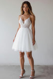 White Spaghetti Straps A Line Short Wedding Dress with Lace