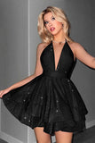 Glitter Black Halter Tiered A Line Backless Short Prom Dress