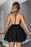 Glitter Black Halter Tiered A Line Backless Short Prom Dress
