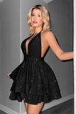 Glitter Black Halter Tiered A Line Backless Short Prom Dress