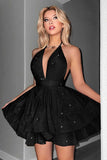 Glitter Black Halter Tiered A Line Backless Short Prom Dress
