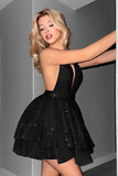 Glitter Black Halter Tiered A Line Backless Short Prom Dress